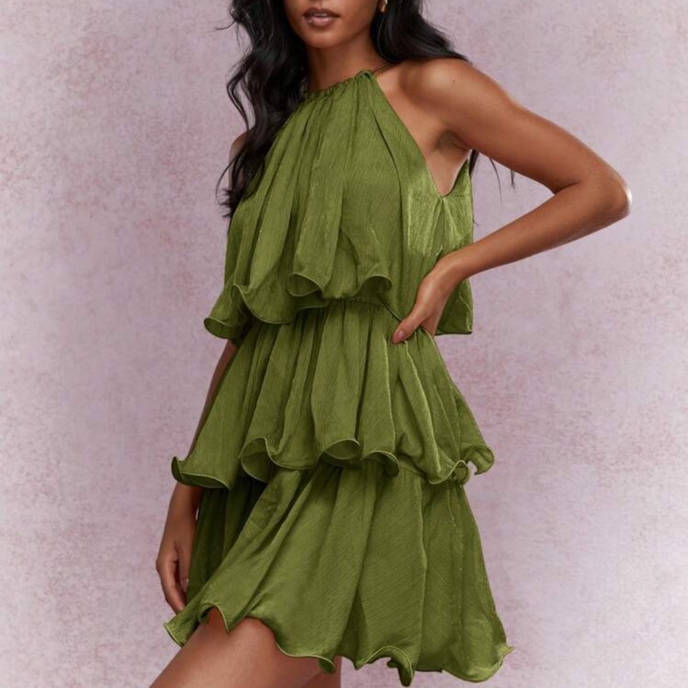 Missguided Ruffle Elegant Green Halter Mini Dress